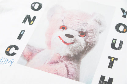 Vintage Summer Pink Rock bear Cartoon Distressed Cotton Casual T-Shirt Tops Street King Limited