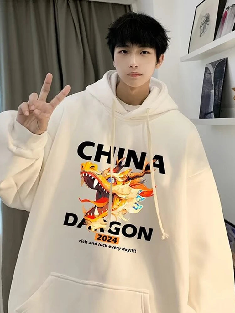 2024 New China Dragon Graphic Hoodies Men Hip Hop Streetwear Hoodie Sweatshirt Harajuku Fleece Printed Pullover Hoody Clothes Street King Limited