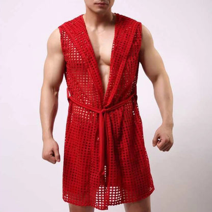 Men Robes Brand Male Sexy Bathrobe Sleepwear Sleeveless Bath Robe Sleep Lounge Badjas Cutout Cardigan Loungewear Mesh Menswear Street King Limited