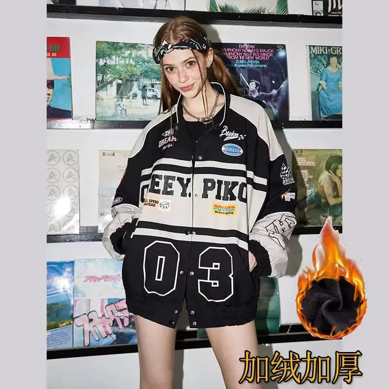 Spring and Autumn American letter printed motorcycle baseball jacket street style racing couple style goth  denim jacket women Street King Limited