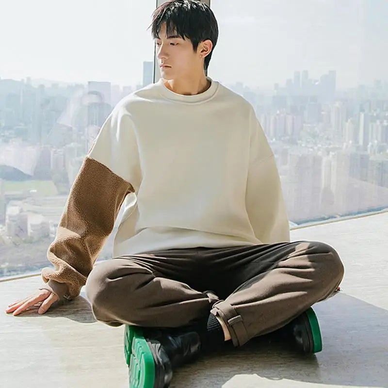 Long-sleeved Round Neck Sweater Lamb Hair Embroidery Flocking Sweater Loose Warm Winter Men's Bear Street King Limited