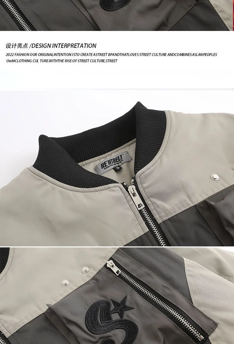 multi pocket bomber jacket men vintage loose varsity coat fashion korean patchwork baseball pilot outerwear unisex spring autumn unique default style 3730
