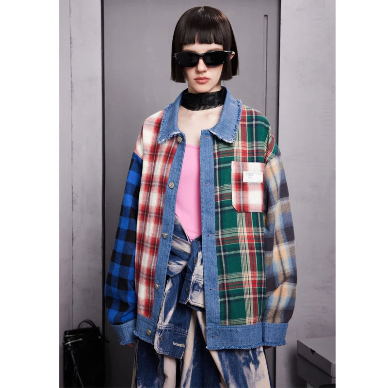 men hip hop denim jacket plaid patchwork oversized harajuku y2k unisex jeans jackets 2023 man fashion causal jacket outwear urban skinny jeans