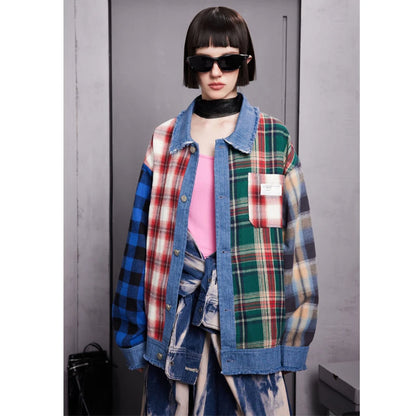 men hip hop denim jacket plaid patchwork oversized harajuku y2k unisex jeans jackets 2023 man fashion causal jacket outwear urban skinny jeans