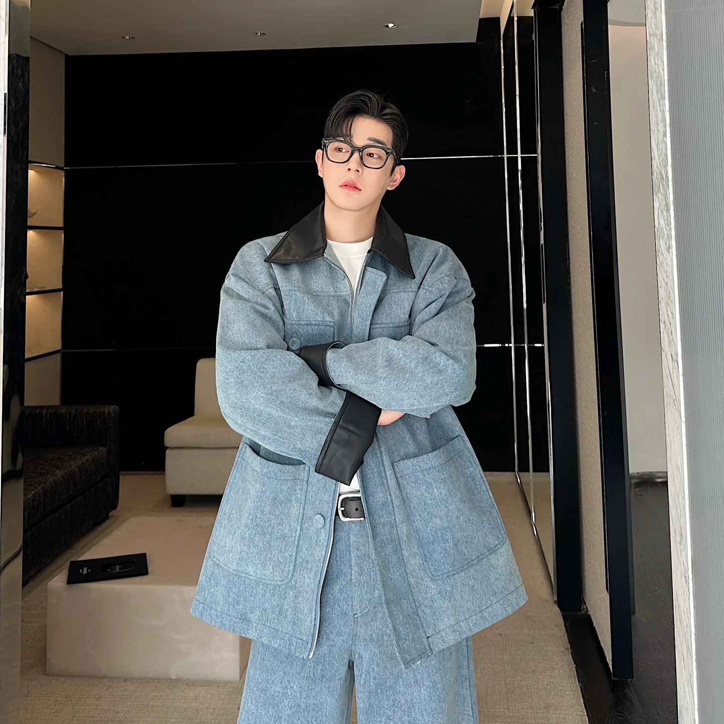 fashion show suits men streetwear washed denim splice loose casual jacket wide leg jeans pants 2 piece sets coat trousers suits unique jeans style 2621