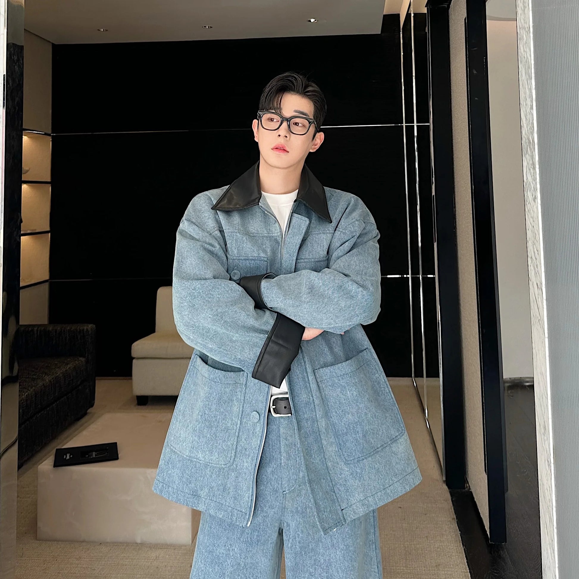 fashion show suits men streetwear washed denim splice loose casual jacket wide leg jeans pants 2 piece sets coat trousers suits unique jeans style 2621