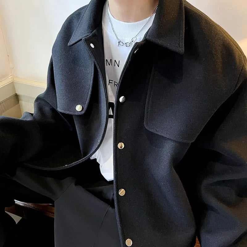 Winter Short Woolen Coat Men Warm Retro Thickened Woolen Jacket Men Streetwear Korean Loose Woolen Coat Mens Oversized Overcoat Street King Limited