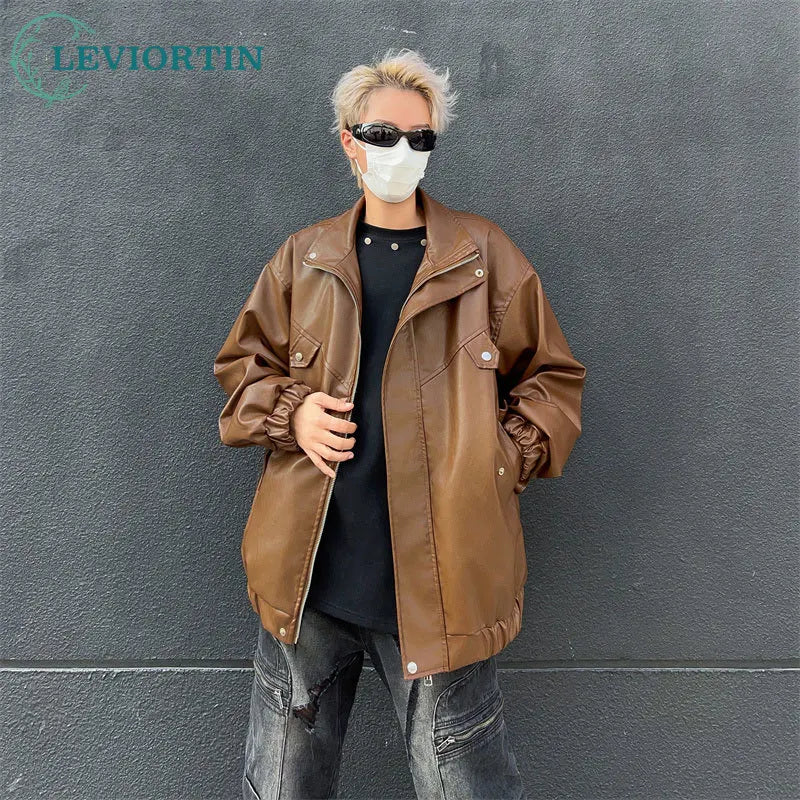 spring autumn vintage cool soft pu leather moto jacket men luxury designer clothes motorcycle trendy jacket with pockets menswear bottoms