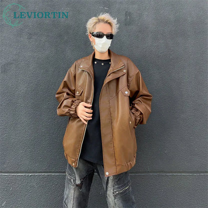 spring autumn vintage cool soft pu leather moto jacket men luxury designer clothes motorcycle trendy jacket with pockets menswear bottoms