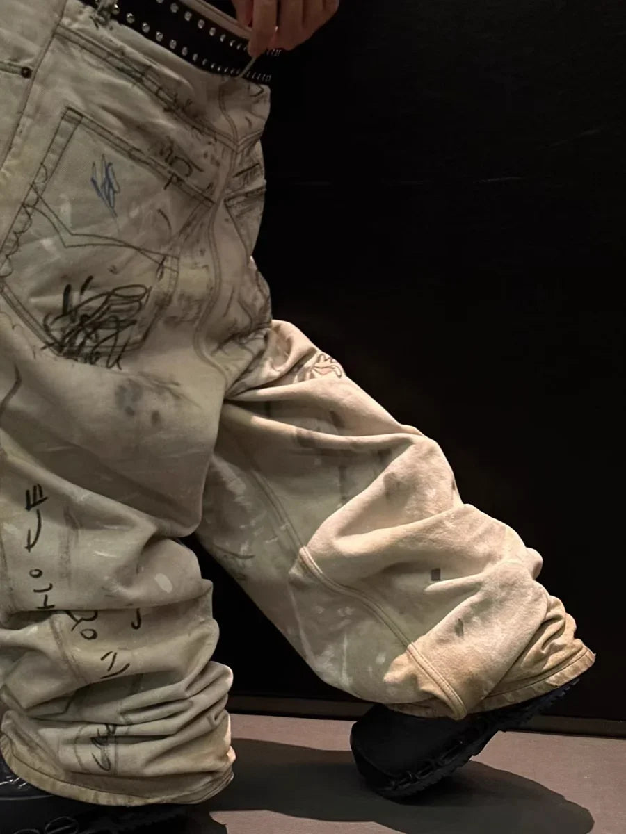 hand painted graffiti washed baggy jeans for men and women y2k streetwear pantalones hombre casual denim trousers oversized 1 unique jeans style 886