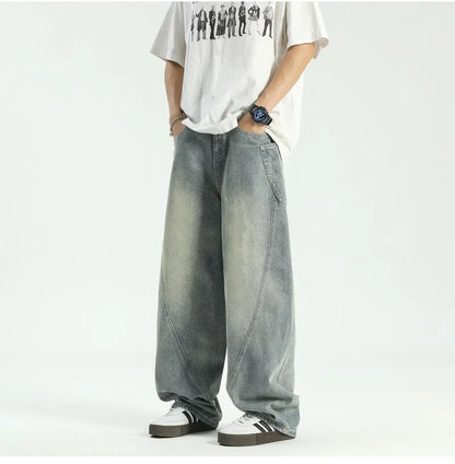 new vintage men s patchwork baggy jeans draped straight leg denim trousers autumn korean fashion high street casual y2k jean unique jeans style 533