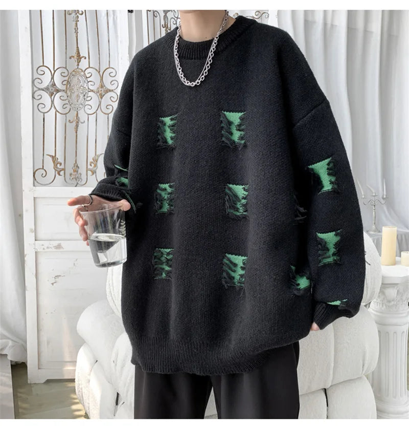 2025 New Ripped Design Crewneck Sweater For Men High Street Patchwork Knitted Jumpers Y2K Vintage Christmas Knitwear Pullovers Street King Limited