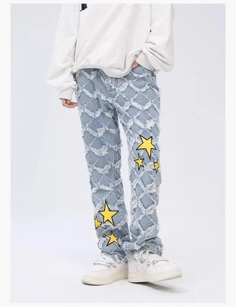 Y2K Star Embroidery Plaid Stacked Jeans Pants for Men Straight Women Hip Hop Denim Trousers Pantalon Homme Street Raw Edge Pant Street King Limited