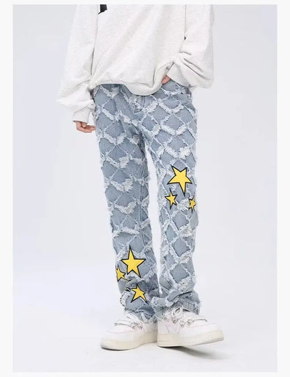 Y2K Star Embroidery Plaid Stacked Jeans Pants for Men Straight Women Hip Hop Denim Trousers Pantalon Homme Street Raw Edge Pant Street King Limited