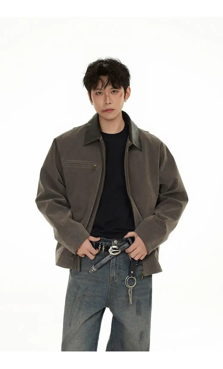 2025 american streetwear retro leather collar bomber jacket men loose casual fashion short cargo jacket spring autumn coat unique cargo style 453