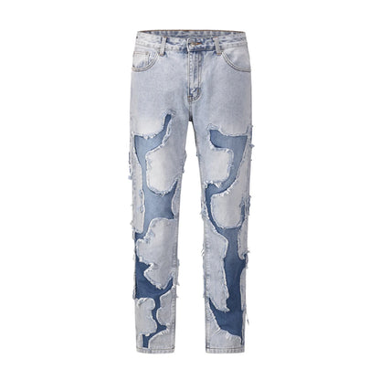 high street vibe style patchwork frayed jeans pants for men retro washed hole ripped casual loose denim trousers oversized unique jeans style 2368