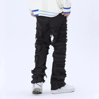 tassel hole spliced european and american straight leg denim pants new popular patch jeans mens wear unique jeans style 312