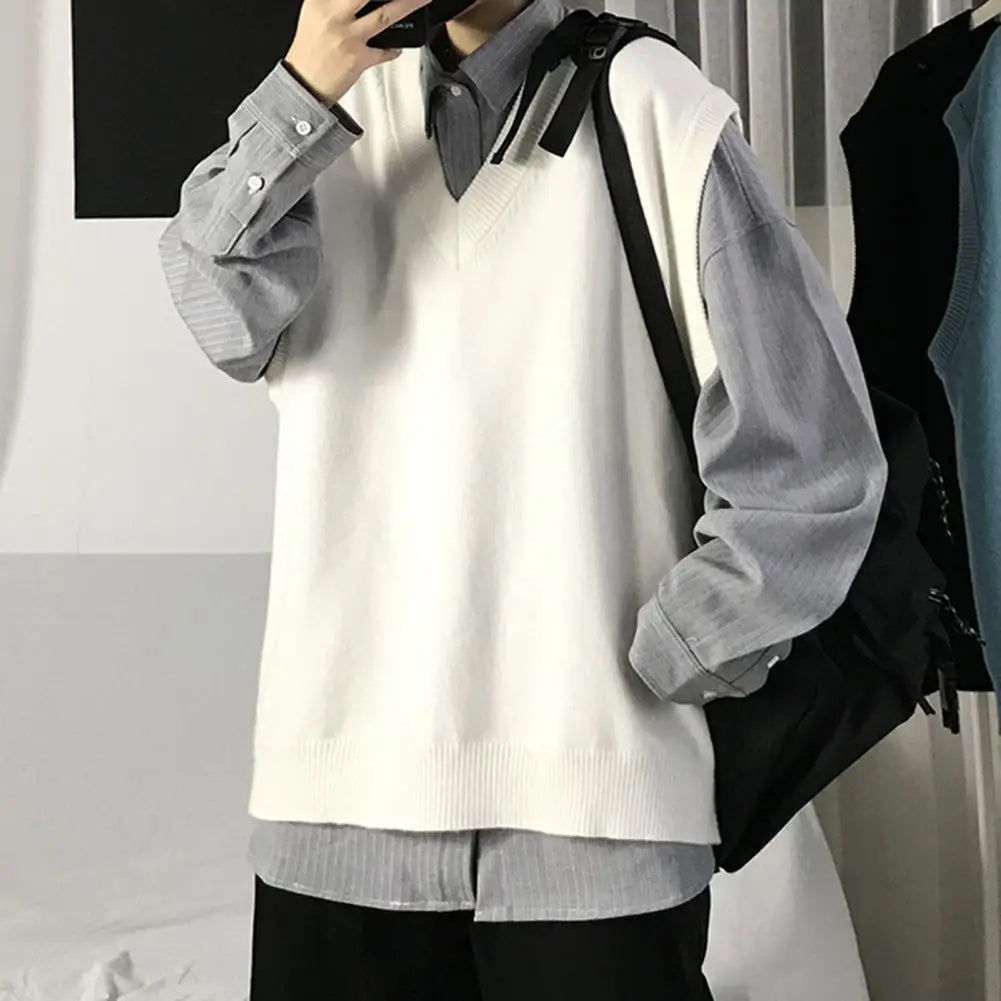 Men Sweater Vest V Neck Solid Color Sleeveless All Match Spring Sweater for School Male Pullovers Men's Clothing Streetwear Street King Limited