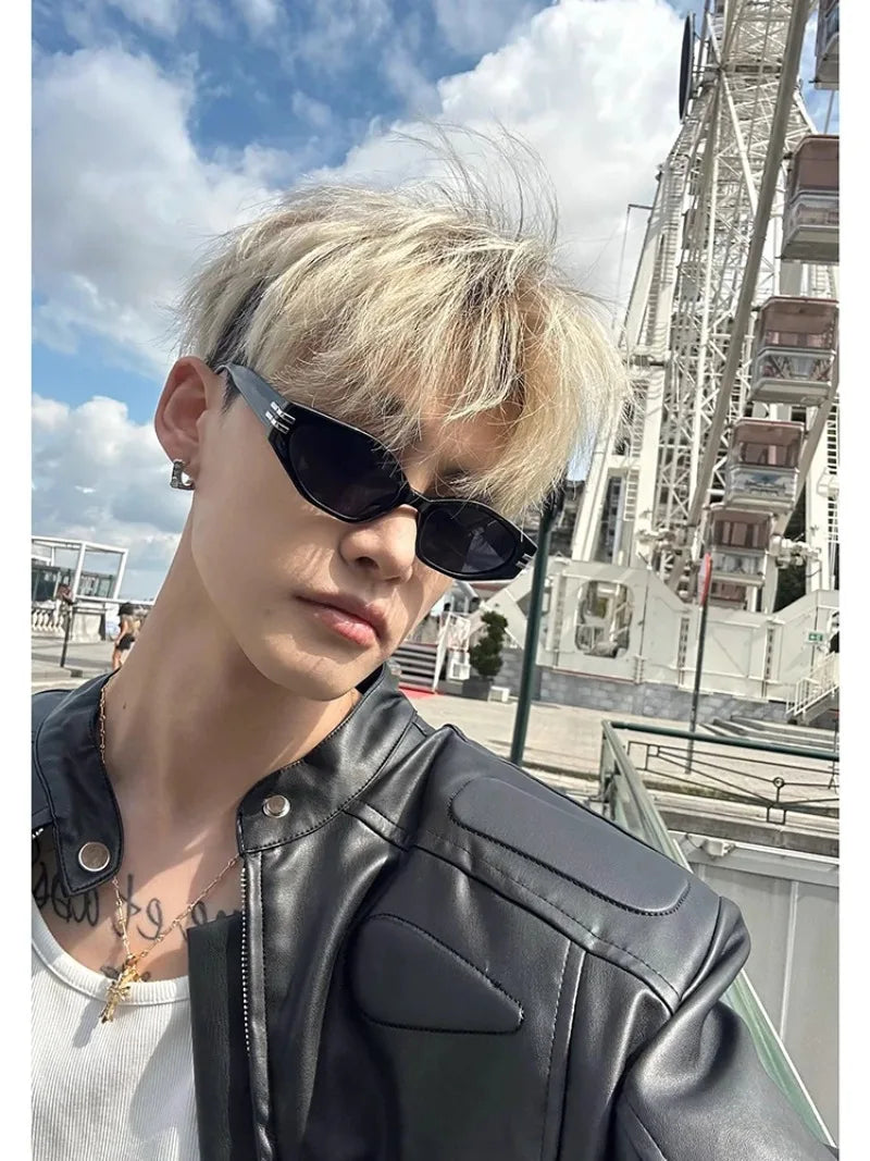 high street motorcycle pu leather jacket men hip hop trend shoulder padded coat street fashion stand collar zipper short outwear unique shorts style 1951