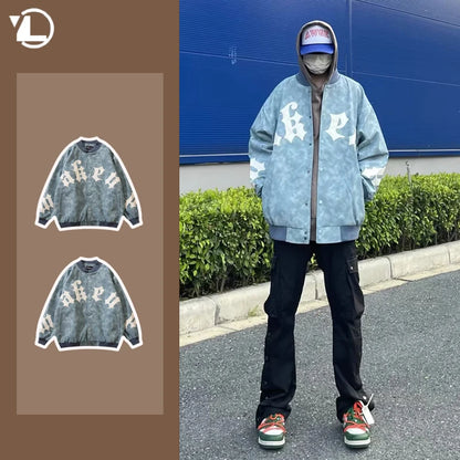 high street american jacket mens spring embroidered letter loose pilot coats color block single breasted couple baseball jersey relaxed fit trousers