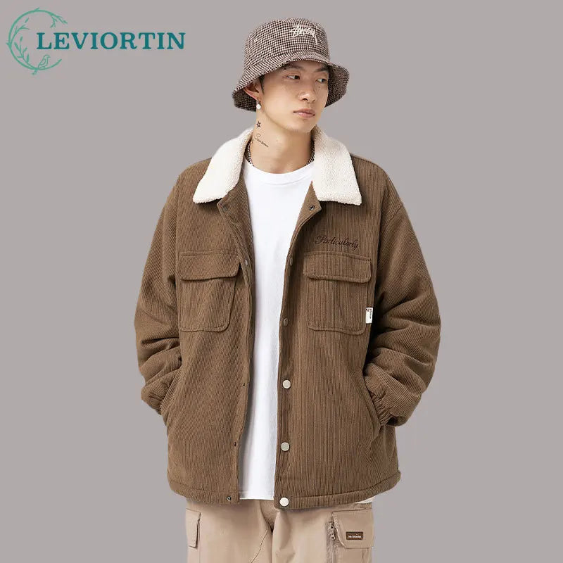 fashion men lamb fleece polo collar cotton padded coat winter embroidery loose thicken warm corduroy wadded jacket male outwear minimalist street pants