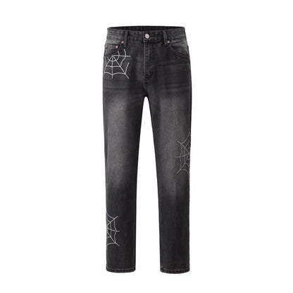 mens hip hop streetwear denim pants cobweb embroidery denim pants 2023 harajuku zipper cotton joggers jeans trousers harem pants unique joggers style 917