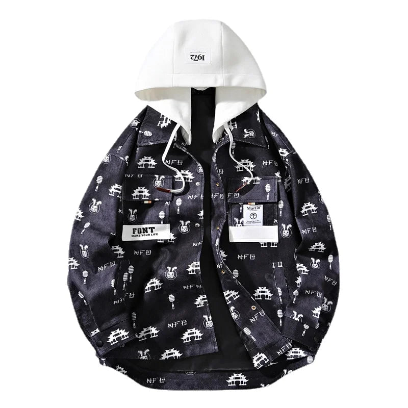 full print jackets for men spring autumn new colour clash hooded coat chest pockets design y2k jackets large size hip hop relaxed fit trousers