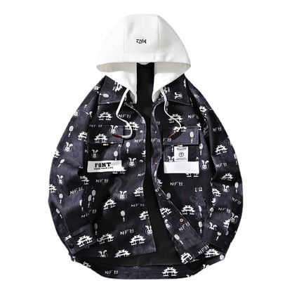 full print jackets for men spring autumn new colour clash hooded coat chest pockets design y2k jackets large size hip hop relaxed fit trousers