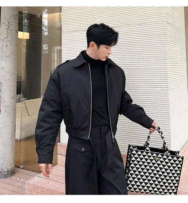 men 2 pieces sets quilted short cargo jacket pant autumn winter korean streetwear casual thicken bomber coat trousers suits unique cargo style 2652
