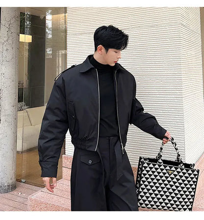 men 2 pieces sets quilted short cargo jacket pant autumn winter korean streetwear casual thicken bomber coat trousers suits unique cargo style 2652