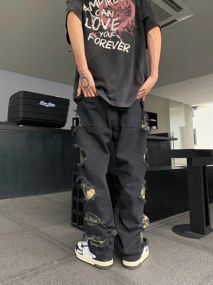 side destroyed ripped holes denim jeans pants mens casual patchwork camouflage loose straight joggers hip hop streetwear jeans unique joggers style 3075