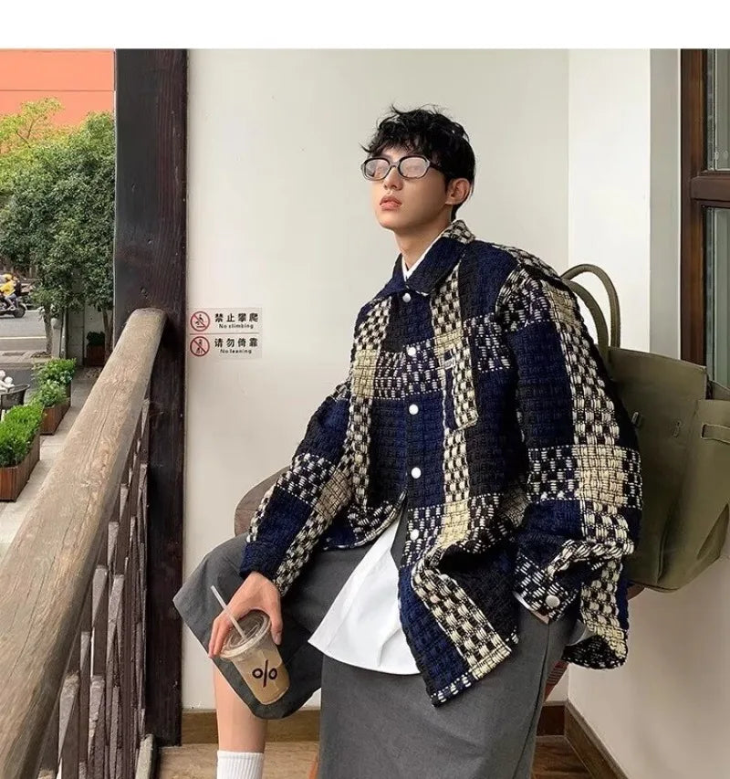 high street lattice mens jackets woven fabric single breasted loose harajuku shirt coats letter embroidered casual male tops unique default style 1818
