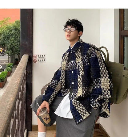 high street lattice mens jackets woven fabric single breasted loose harajuku shirt coats letter embroidered casual male tops unique default style 1818