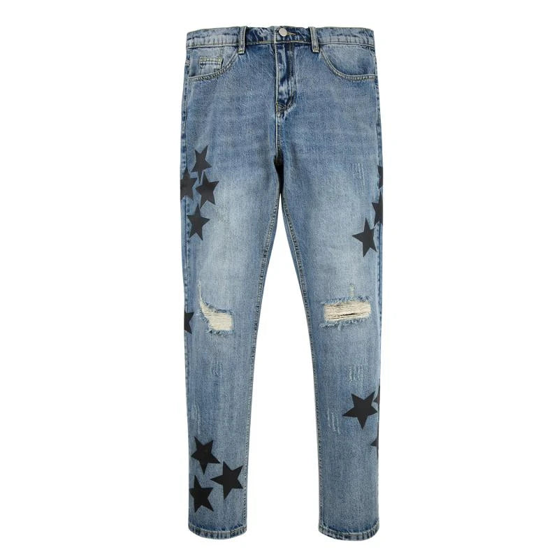 fashion ripped destroied jeans trousers distressed biker jeans with stars high street slim pants joggers denim jeans for men relaxed fit joggers