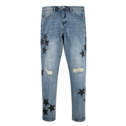 fashion ripped destroied jeans trousers distressed biker jeans with stars high street slim pants joggers denim jeans for men relaxed fit joggers