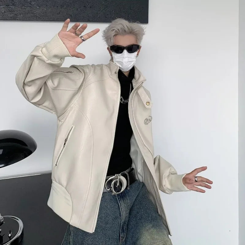 punk leather jacket mens spring standing collar trendy high street coats y2k streetwear hip hop motorcycle outwear 2024 new unique default style 2237