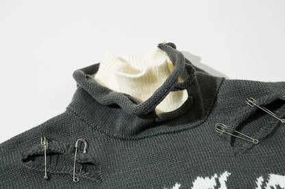 Men Knitted Sweater Harajuku Fake Two Pieces Loose Sweater Casual Ripped Holes Shoulder Long Sleeve Pullover Streetwear Sweaters Street King Limited