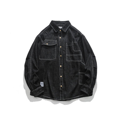 Vintage Men's Spring And Autumn New Washed Distressed Denim Shirt Jacket Loose Casual Long-Sleeved Coat Jacket Street King Limited