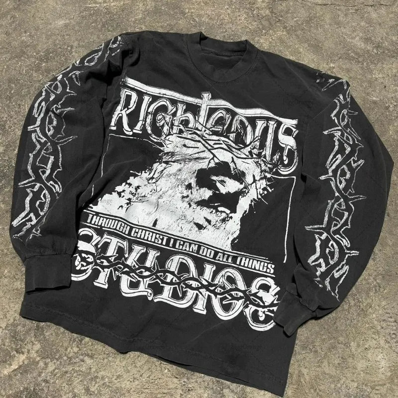 European and American Harajuku Retro Streetwear Gothic Punk Style Letter Print Long-sleeved Men Hip-hop Trend Oversized T-shirt Street King Limited