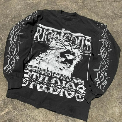 European and American Harajuku Retro Streetwear Gothic Punk Style Letter Print Long-sleeved Men Hip-hop Trend Oversized T-shirt Street King Limited