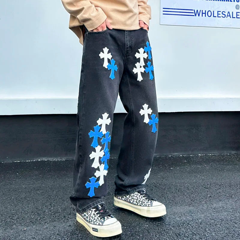 men embroidery streetwear brand fashion hip hop loose casual straight motorcycle denim jeans pant cityboy y2k jeans trousers unique jeans style 2382