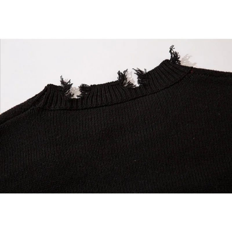 Deeptown Goth Punk Women's Ripped Knitted Sweater Gothic Vintage Jumper Grunge Y2k Knitwear Oversized Autumn Fashion Harajuku Street King Limited