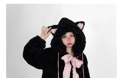 Harajuku Little WildCat Hoodies Women Bodysuit Black Tie Bowknot Cute Loose Goth Coat Y2k Style Kawaii Winter Clothes Women Street King Limited
