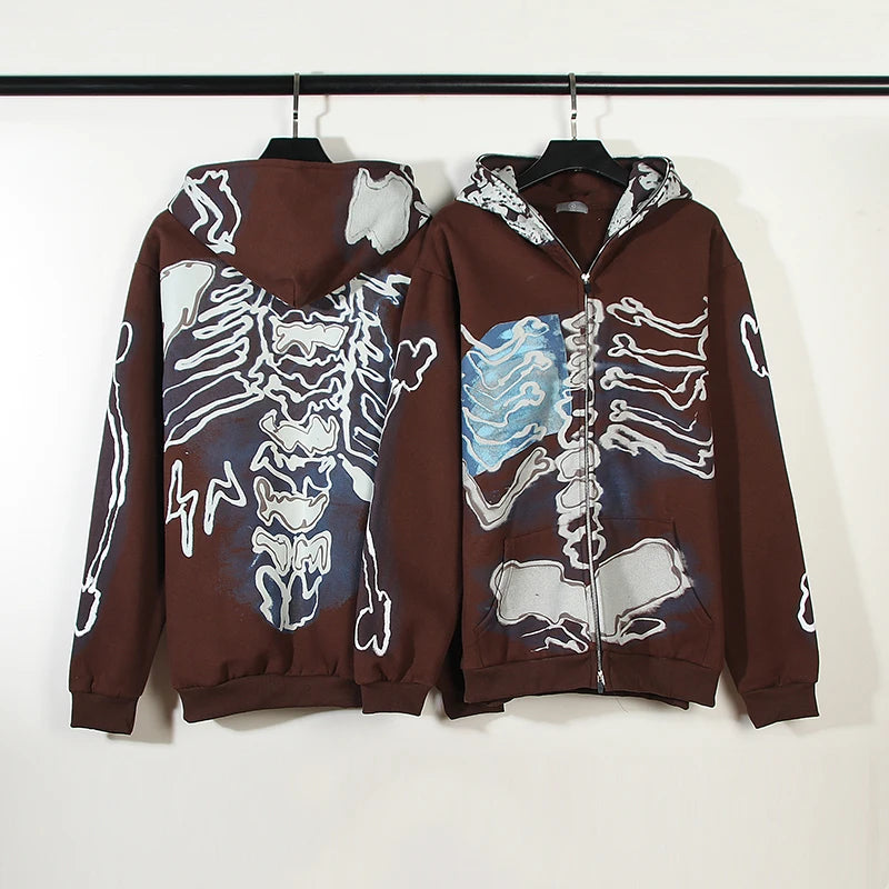 Cactus Jack Zipper Hoodie for Men Skull Print Pullover Hoodies Halloween Hip-hop Hooded Cardigan Zip Up Washed Y2k Clothes Man Street King Limited
