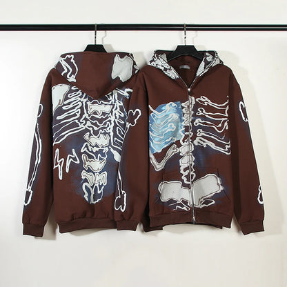 Cactus Jack Zipper Hoodie for Men Skull Print Pullover Hoodies Halloween Hip-hop Hooded Cardigan Zip Up Washed Y2k Clothes Man Street King Limited