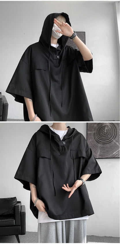 5 Colors Summer Hooded T shirt Men Korean Half Sleeve Pullover Streetwear Loose T-shirt Tops Drawstring Men Clothing Street King Limited