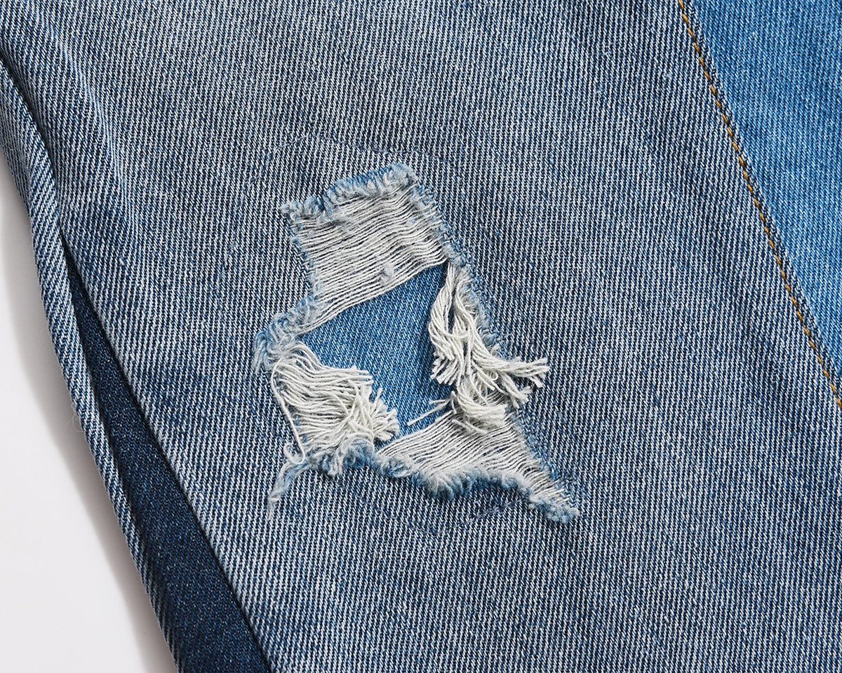 high street patchwork hole ripped baggy jeans for men straight pocket washed distressed casual denim trousers oversized stacked flare jeans