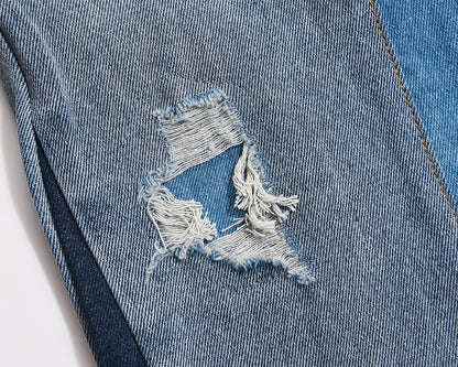 high street patchwork hole ripped baggy jeans for men straight pocket washed distressed casual denim trousers oversized stacked flare jeans