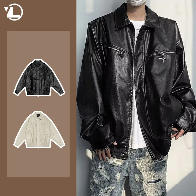 retro motorcycle pu leather jacket mens high street punk zipper decoration loose coats unisex hip hop fashion outwear spring minimalist street pants