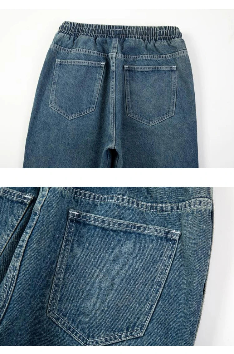 washed distressed denim sweatpant cashew flower patchwork oversized splice buckle jogging jeans casual button baggy men clothing unique joggers style 3365